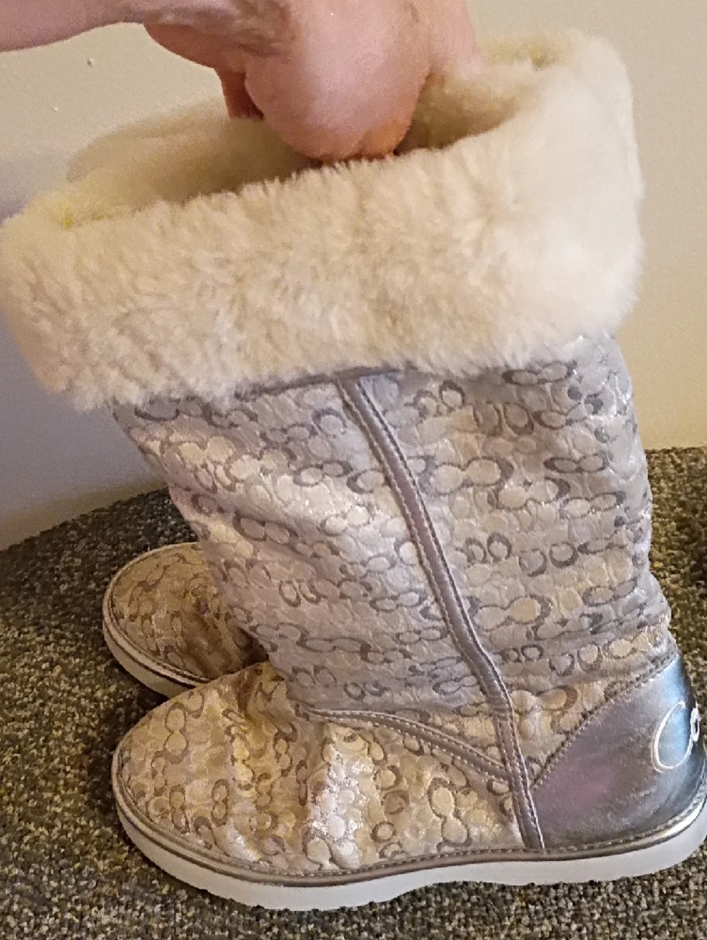 Coach metallic  Silver Patterned Shearling-Lined Boots Size 8